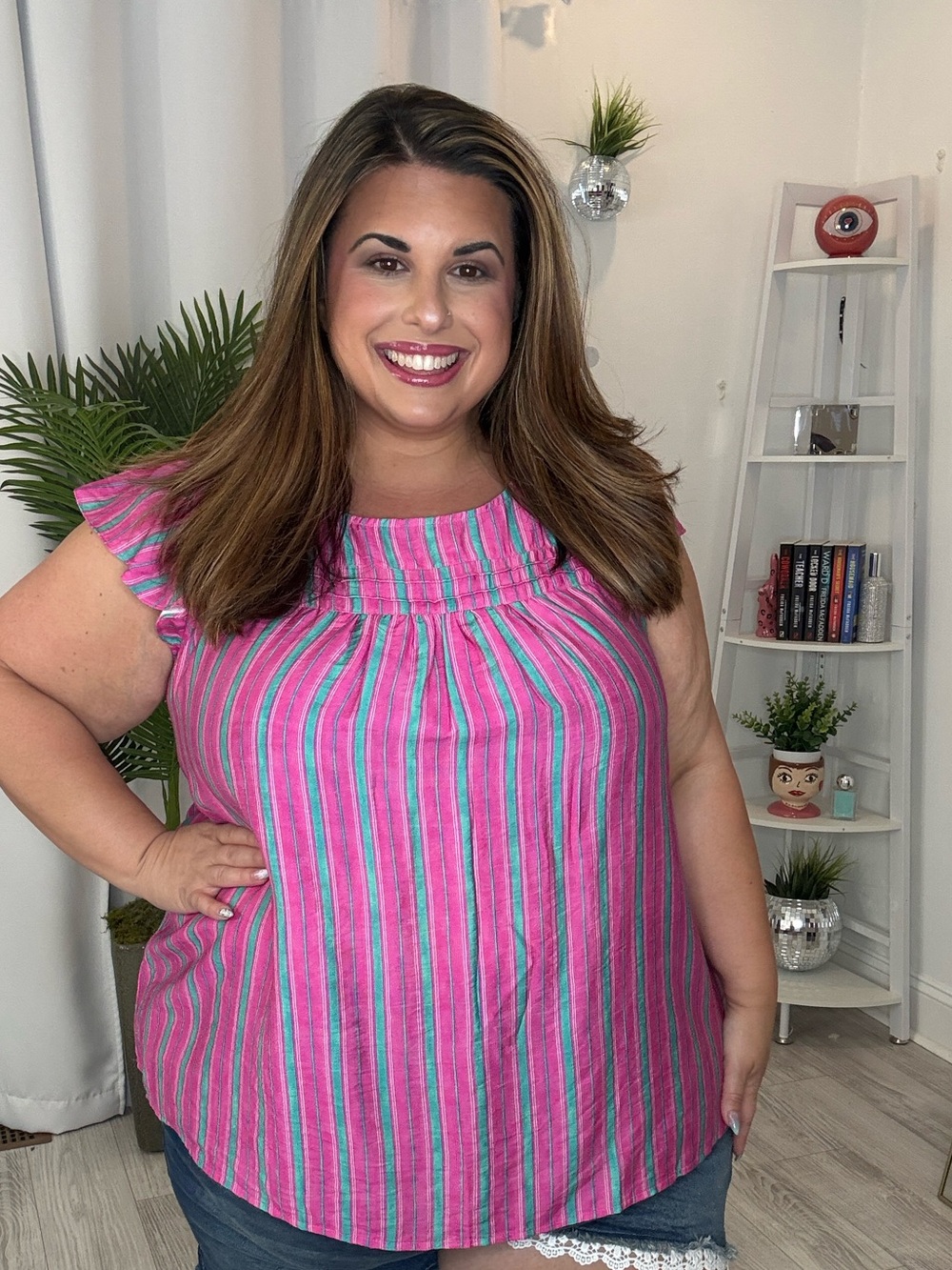 Plus Size Pink Striped Sleeveless Ruffle-Yoke Top